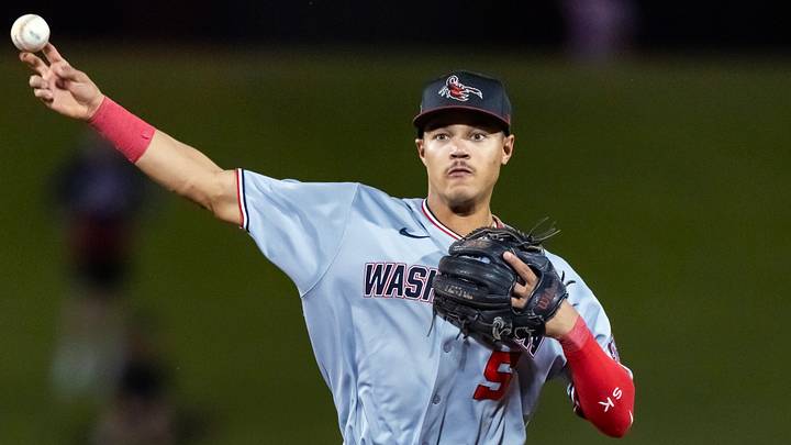 Nov 9, 2025; Mesa, AZ, USA; Washington Nationals infielder Seaver King during the Arizona Fall League Fall Stars Game at Sloan Park. Mandatory Credit: Mark J. Rebilas-Imagn Images