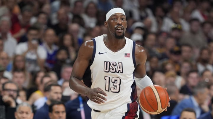 Jul 31, 2024; Villeneuve-d'Ascq, France; United States center Bam Adebayo (13) dribbles in the third quarter against South Sudan during the Paris 2024 Olympic Summer Games at Stade Pierre-Mauroy. Mandatory Credit: John David Mercer-USA TODAY Sports