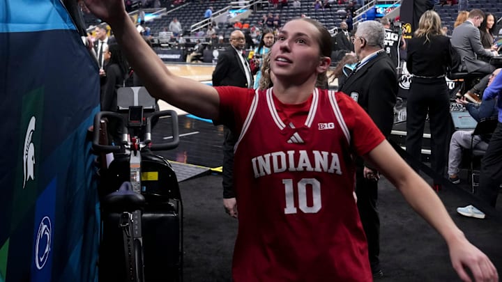 Indiana Hoosiers guard Shay Ciezki (10) walks off the court after her team defeats the Nebraska Cornhuskers during a Big Ten women's basketball tournament game Wednesday, March 4, 2026, at Gainbridge Fieldhouse in Indianapolis. Indiana defeated Nebraska 72-69.