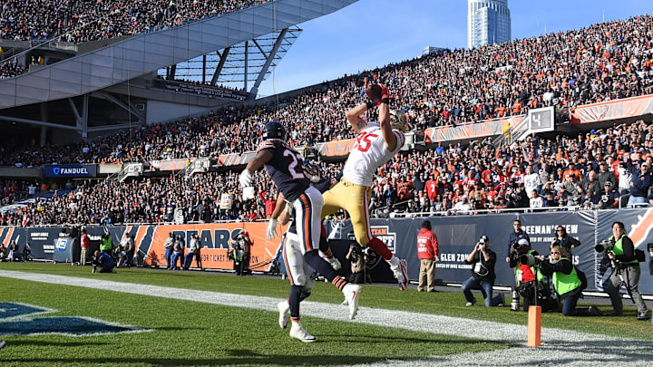 George Kittle goes skyward trying for a TD catch against the Bears but can't come down in-bounds. George Kittle goes skyward trying for a TD catch against the Bears but can't come down in-bounds.