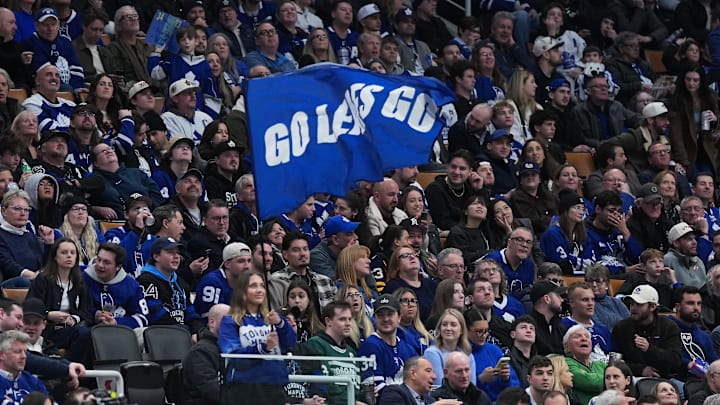 Jan 6, 2026; Toronto, Ontario, CAN; Toronto Maple Leafs fans show their support against the Florida Panthers during the third period at Scotiabank Arena. Mandatory Credit: Nick Turchiaro-Imagn Images