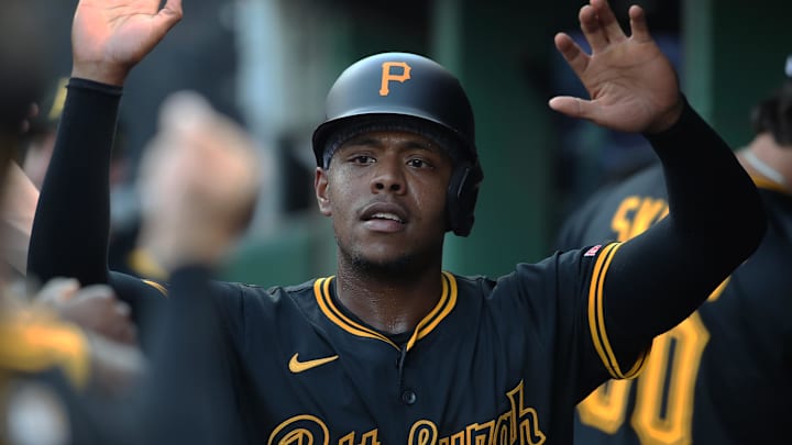 Jul 21, 2025; Pittsburgh, Pennsylvania, USA; Pittsburgh Pirates third baseman Ke'Bryan Hayes (13) celebrates in the dugout after scoring a run against the Detroit Tigers during the second inning at PNC Park. Mandatory Credit: Charles LeClaire-Imagn Images Jul 21, 2025; Pittsburgh, Pennsylvania, USA; Pittsburgh Pirates third baseman Ke'Bryan Hayes (13) celebrates in the dugout after scoring a run against the Detroit Tigers during the second inning at PNC Park. Mandatory Credit: Charles LeClaire-Imagn Images