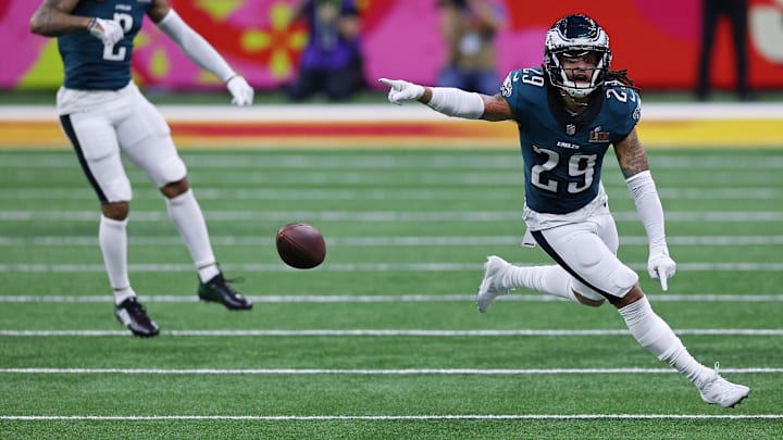 Feb 9, 2025; New Orleans, LA, USA; Philadelphia Eagles cornerback Avonte Maddox (29) reacts after a defensive stop against the Kansas City Chiefs during the second half of Super Bowl LIX at Caesars Superdome. Mandatory Credit: Bill Streicher-Imagn Images
