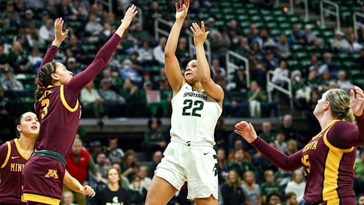 Michigan State's Moira Joiner, right, scores as Minnesota's Amaya Battle defends during the third quarter on Monday, Feb. 5, 2024, at the Breslin Center in East Lansing.
