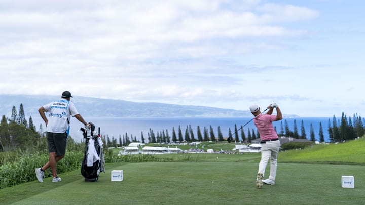 January 7, 2023; Maui, Hawaii, USA; Brian Harman hits his tee shot on the 18th hole during the third