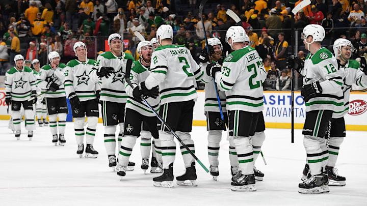 Dec 23, 2023; Nashville, Tennessee, USA; Dallas Stars defenseman Jani Hakanpaa (2) celebrates with