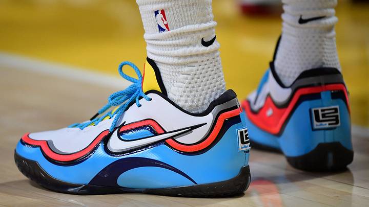 LeBron James wears the Nike LeBron 23 "Stewie Griffin" colorway. LeBron James wears the Nike LeBron 23 "Stewie Griffin" colorway.