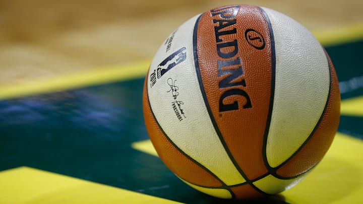 Sep 7, 2018; Seattle, WA, USA; The WNBA logo on a ball during the fourth quarter of game one of the WNBA finals between the Seattle Storm and the Washington Mystics at KeyArena. Mandatory Credit: Jennifer Buchanan-Imagn Images