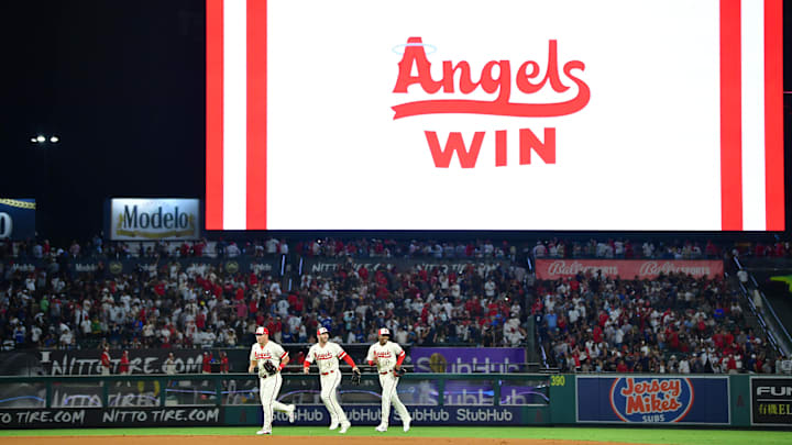 Aug 31, 2022; Anaheim, California, USA; Los Angeles Angels center fielder Mike Trout (27) right