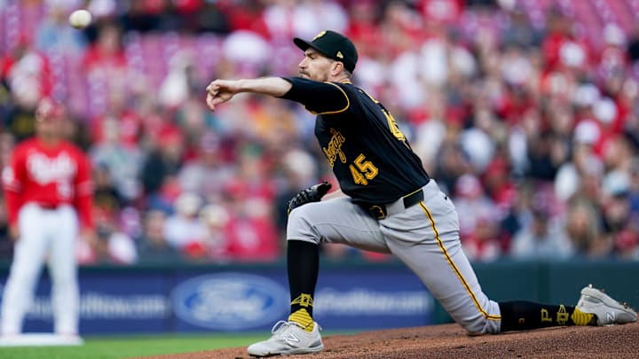 Pittsburgh Pirates pitcher Andrew Heaney (45) throws a pitch in the first inning of a MLB game between the Cincinnati Reds and Pittsburgh Pirates, Saturday, April 12, 2025, at Great American Ball Park in Downtown Cincinnati. Pittsburgh Pirates pitcher Andrew Heaney (45) throws a pitch in the first inning of a MLB game between the Cincinnati Reds and Pittsburgh Pirates, Saturday, April 12, 2025, at Great American Ball Park in Downtown Cincinnati.