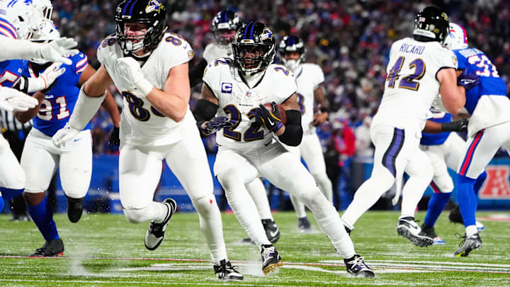 Derrick Henry rushed for 84 yards and a touchdown in the Baltimore Ravens' 27-25 loss to the Buffalo Bills in the divisional round.