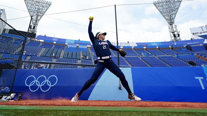 Jul 26, 2021; Yokohama, Japan; Team United States pitcher  Rachel Garcia (21) warms up in the bullpen during the Tokyo 2020 Olympic Summer Games at Yokohama Baseball Stadium in Yokohama, Japan. Mandatory Credit: Kareem Elgazzar-Imagn Images