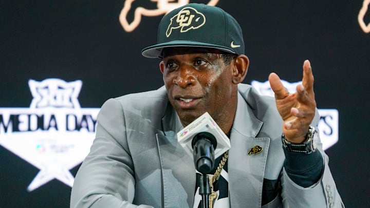 Colorado head coach Deion Sanders speaks with the media during 2025 Big 12 Football Media Days at The Star.