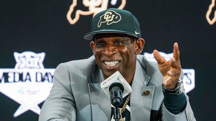 Colorado head coach Deion Sanders speaks with the media during 2025 Big 12 Football Media Days at The Star.