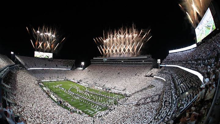 Fireworks burst over an announced crowd of 111,015 before the White Out game between the Penn State Nittany Lions and the Oregon Ducks at Beaver Stadium. Fireworks burst over an announced crowd of 111,015 before the White Out game between the Penn State Nittany Lions and the Oregon Ducks at Beaver Stadium.