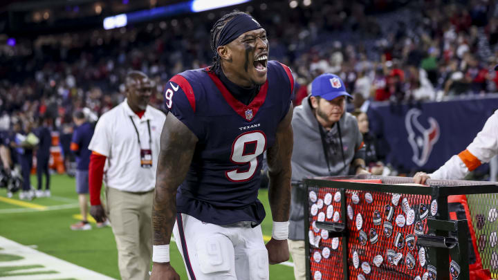 Jan 13, 2024; Houston, Texas, USA; Houston Texans tight end Brevin Jordan (9) celebrates their win against the Cleveland Browns in a 2024 AFC wild card game at NRG Stadium. Mandatory Credit: Troy Taormina-USA TODAY Sports