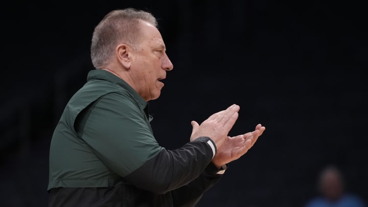 Mar 20, 2024; Charlotte, NC, USA; Michigan State Spartans head coach Tom Izzo during practice at Spectrum Center. Mandatory Credit: Bob Donnan-USA TODAY Sports Mar 20, 2024; Charlotte, NC, USA; Michigan State Spartans head coach Tom Izzo during practice at Spectrum Center. Mandatory Credit: Bob Donnan-USA TODAY Sports