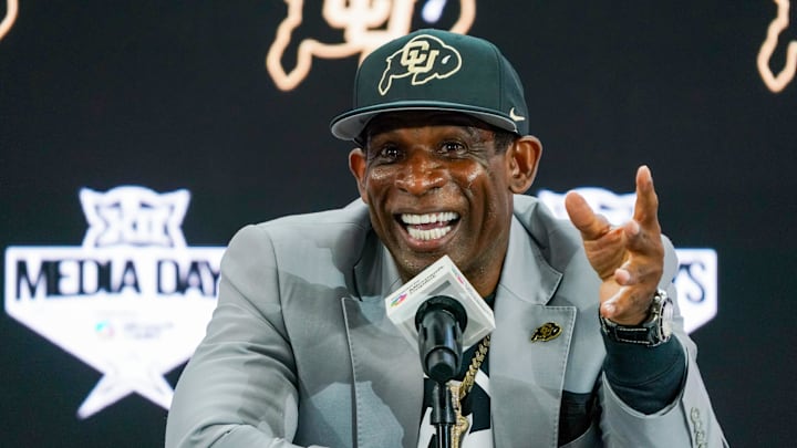 Jul 9, 2025; Frisco, TX, USA; Colorado head coach Deion Sanders speaks with the media during 2025 Big 12 Football Media Days at The Star. Mandatory Credit: Raymond Carlin III-Imagn Images