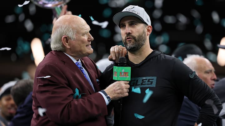 Feb 9, 2025; New Orleans, LA, USA; Fox NFL Sunday co-host Terry Bradshaw interviews Philadelphia Eagles head coach Nick Sirianni after winning against Kansas City Chiefs in Super Bowl LIX at Caesars Superdome.