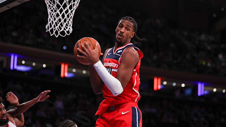 Oct 9, 2024; New York, New York, USA; Washington Wizards forward Alex Sarr (20) rebounds during the second half against the New York Knicks at Madison Square Garden. Mandatory Credit: Vincent Carchietta-Imagn Images