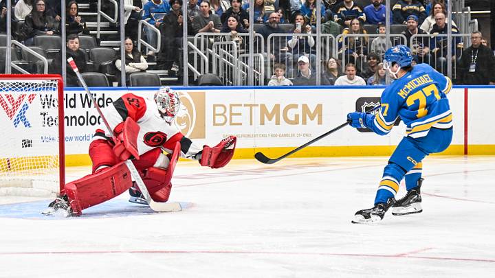 October 24, 2026: Hurricanes goalie Pyotr Kochetkov denies the Blues' Connor McMichael's breakaway chance with his glove at Enterprise Arena in St. Louis, Missouri, in the second period of Carolina's 4-0 victory October 24, 2026: Hurricanes goalie Pyotr Kochetkov denies the Blues' Connor McMichael's breakaway chance with his glove at Enterprise Arena in St. Louis, Missouri, in the second period of Carolina's 4-0 victory