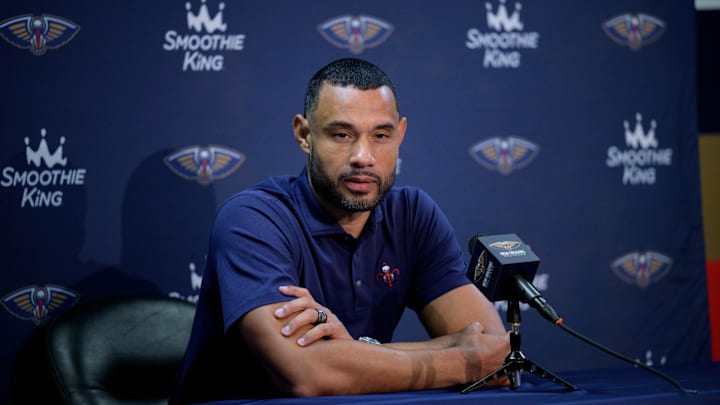 Oct 2, 2023; New Orleans, LA, USA; New Orleans Pelicans general manager Trajan Langdon speaks during Media Day at the Smoothie King Center. Mandatory Credit: Matthew Hinton-Imagn Images Oct 2, 2023; New Orleans, LA, USA; New Orleans Pelicans general manager Trajan Langdon speaks during Media Day at the Smoothie King Center. Mandatory Credit: Matthew Hinton-Imagn Images