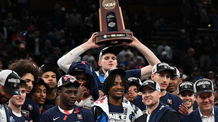 Mar 30, 2024; Boston, MA, USA; Connecticut Huskies center Donovan Clingan (32) and the rest of the UConn men's basketball team.