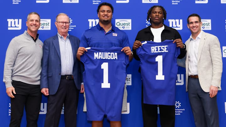 New York Giants - Francis Mauigo, Arvell Reese, Head Coach John Harbaugh, Owner John Mara, and General Manager Joe Schoen