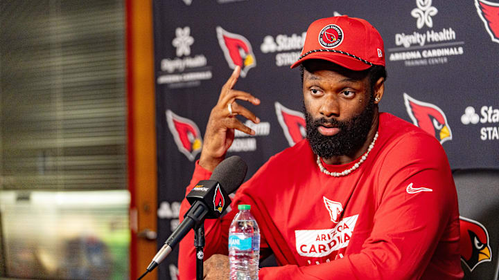 Josh Sweat speaks to members of the media at the Arizona Cardinals Training Center in Tempe on March 13, 2025. Josh Sweat speaks to members of the media at the Arizona Cardinals Training Center in Tempe on March 13, 2025.