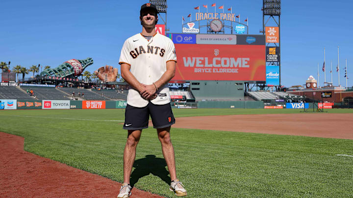 Jul 26, 2023; San Francisco, California, USA; San Francisco Giants 2023 first-round pick Bryce Eldridge before the game against the Oakland Athletics at Oracle Park. 