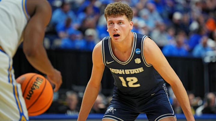 Utah State Aggies guard Mason Falslev.