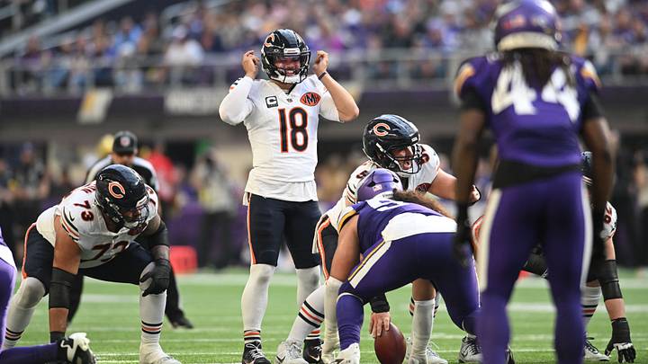 Caleb Williams calls out signals prior to a snap against the Minnesota Vikings in a key Bears NFC North win last season. Caleb Williams calls out signals prior to a snap against the Minnesota Vikings in a key Bears NFC North win last season.