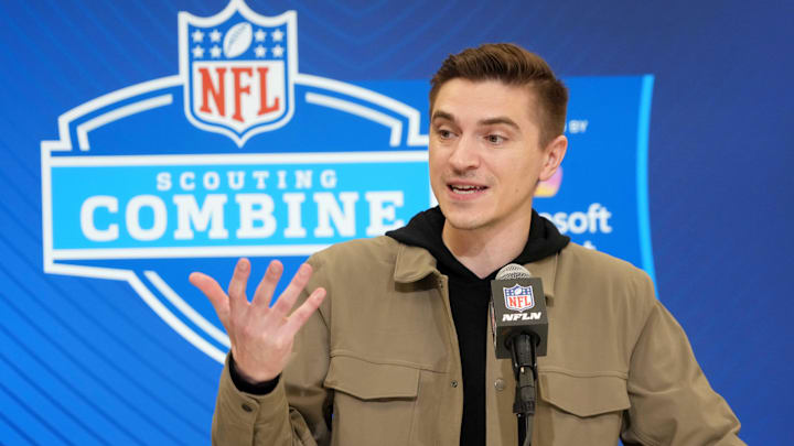 Feb 25, 2025; Indianapolis, IN, USA; Jacksonville Jaguars general manger James Gladstone speaks during the NFL Scouting Combine at the Indiana Convention Center. Mandatory Credit: Kirby Lee-Imagn Images