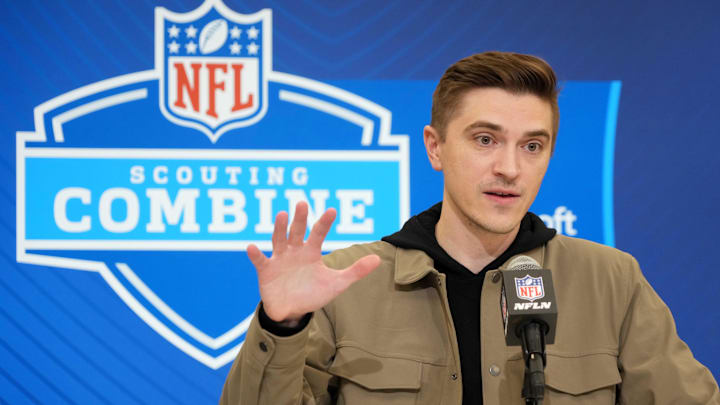 Feb 25, 2025; Indianapolis, IN, USA; Jacksonville Jaguars general manger James Gladstone speaks during the NFL Scouting Combine at the Indiana Convention Center. 