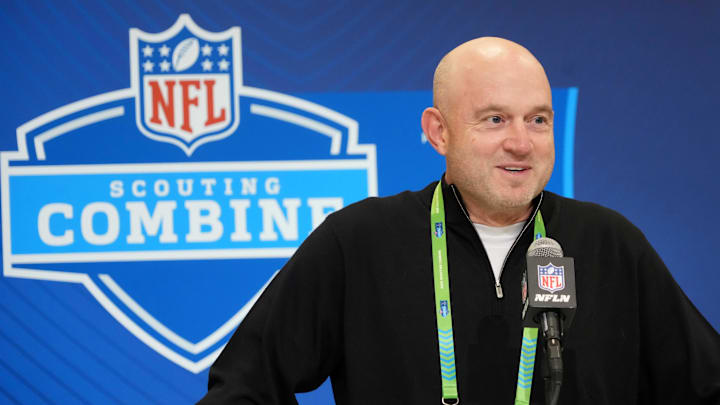 Feb 25, 2025; Indianapolis, IN, USA; Cincinnati Bengals general manager Duke Tobin speaks during the NFL Scouting Combine at the Indiana Convention Center. Mandatory Credit: Kirby Lee-Imagn Images