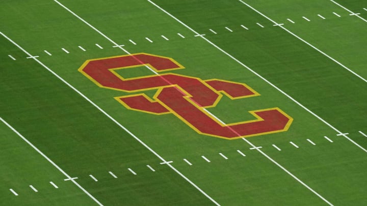 Sep 17, 2022; Los Angeles, California, USA; The SC Trojans logo at midfield at United Airlines Field at Los Angeles Memorial Coliseum before a game between the Fresno State Bulldogs and the Southern California Trojans. Mandatory Credit: Kirby Lee-USA TODAY Sports