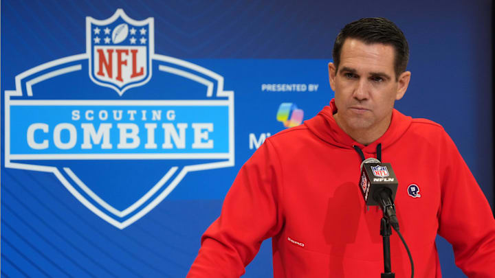 Feb 25, 2025; Indianapolis, IN, USA; New York Giants general manager Joe Schoen speaks during the NFL Scouting Combine at the Indiana Convention Center. Mandatory Credit: Kirby Lee-Imagn Images