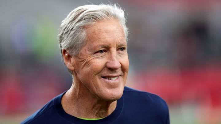 Jan 7, 2024; Glendale, Arizona, USA; Seattle Seahawks head coach Pete Carroll looks on prior to facing the against the Arizona Cardinals at State Farm Stadium. Mandatory Credit: Joe Camporeale-Imagn Images