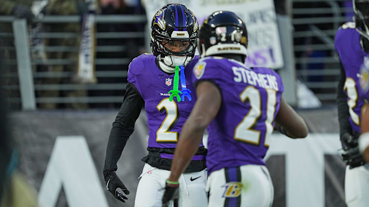 Baltimore Ravens cornerback Nate Wiggins (2) celebrates after scoring a touchdown during the first quarter against the Cleveland Browns at M&T Bank Stadium. 