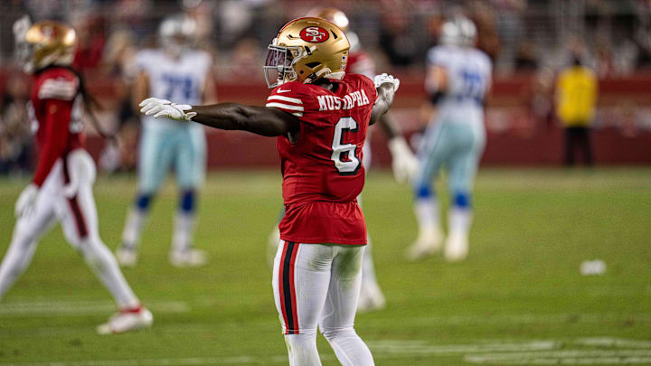 Oct 27, 2024; Santa Clara, California, USA; San Francisco 49ers safety Malik Mustapha (6) celebrates after Dallas Cowboys quarterback Dak Prescott (not pictured) pass is incomplete during the third quarter at Levi's Stadium. Mandatory Credit: Neville E. Guard-Imagn Images Oct 27, 2024; Santa Clara, California, USA; San Francisco 49ers safety Malik Mustapha (6) celebrates after Dallas Cowboys quarterback Dak Prescott (not pictured) pass is incomplete during the third quarter at Levi's Stadium. Mandatory Credit: Neville E. Guard-Imagn Images