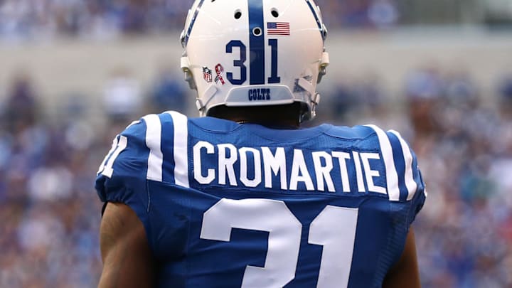 Sep 11, 2016; Indianapolis, IN, USA; Indianapolis Colts defensive back Antonio Cromartie (31) looks on against the Detroit Lions at Lucas Oil Stadium. The Lions won 39-35. Mandatory Credit: Aaron Doster-Imagn Images