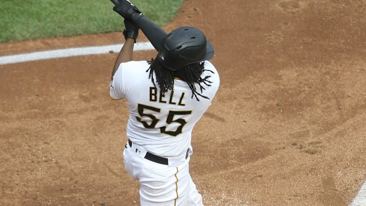 Sep 24, 2020; Pittsburgh, Pennsylvania, USA;  Pittsburgh Pirates first baseman Josh Bell (55) hits a