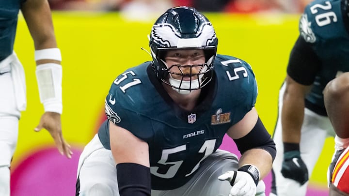 Feb 9, 2025; New Orleans, LA, USA; Philadelphia Eagles center Cam Jurgens (51) against the Kansas City Chiefs during Super Bowl LIX at Ceasars Superdome. Mandatory Credit: Mark J. Rebilas-Imagn Images Feb 9, 2025; New Orleans, LA, USA; Philadelphia Eagles center Cam Jurgens (51) against the Kansas City Chiefs during Super Bowl LIX at Ceasars Superdome. Mandatory Credit: Mark J. Rebilas-Imagn Images