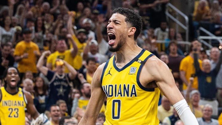 May 12, 2024; Indianapolis, Indiana, USA;  Indiana Pacers guard Tyrese Haliburton (0) celebrates a