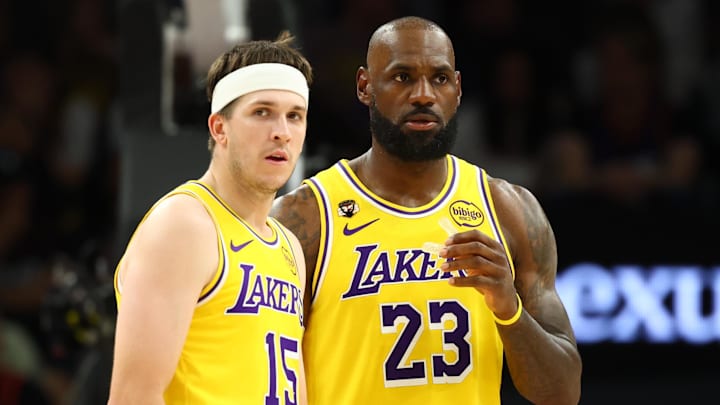 Feb 26, 2026; Phoenix, Arizona, USA; Los Angeles Lakers guard Austin Reaves (15) with forward LeBron James (23) against the Phoenix Suns at Mortgage Matchup Center. Mandatory Credit: Mark J. Rebilas-Imagn Images Feb 26, 2026; Phoenix, Arizona, USA; Los Angeles Lakers guard Austin Reaves (15) with forward LeBron James (23) against the Phoenix Suns at Mortgage Matchup Center. Mandatory Credit: Mark J. Rebilas-Imagn Images