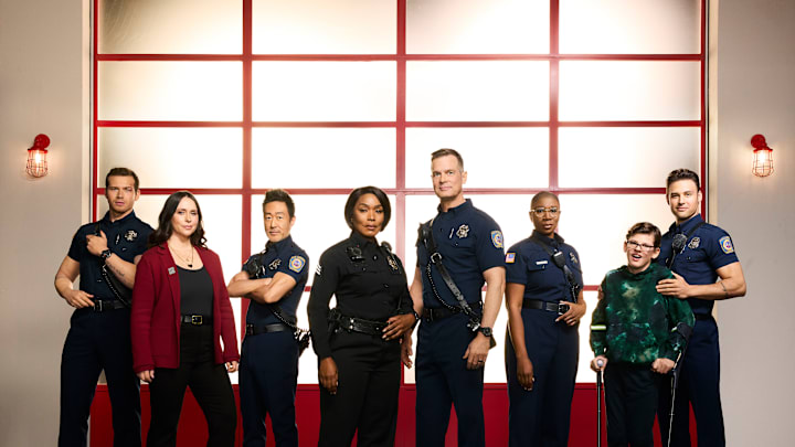 9-1-1 - ABC's 9-1-1 stars Oliver Stark as Evan "Buck" Buckley, Jennifer Love Hewitt as Maddie Kendall, Kenneth Choi as Howie "Chimney" Han, Angela Bassett as Athena Grant, Peter Krause as Bobby Nash, Aisha Hinds as Henrietta "Hen" Wilson, Gavin McHugh as Christopher Diaz, and Ryan Guzman as Eddie Diaz. (Disney/Justin Stephens)