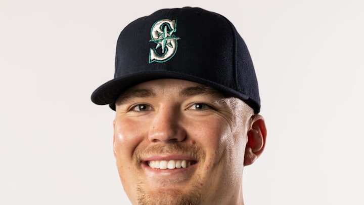 Seattle Mariners pitcher Logan Evans poses for a portrait during media day at Peoria Sports Complex on Feb. 20.