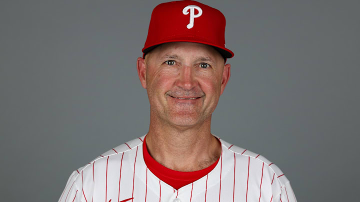 Feb 20, 2025; Clearwater, FL, USA; Philadelphia Phillies third base coach Dusty Wathan (62) participates in media day at BayCare Ballpark.