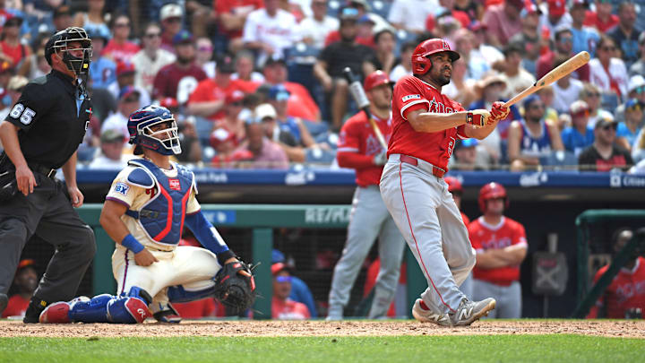 Jul 20, 2025; Philadelphia, Pennsylvania, USA; Los Angeles Angels first base LaMonte Wade Jr. (35) watches his home run during the sixth inning against the Philadelphia Phillies at Citizens Bank Park. Mandatory Credit: Eric Hartline-Imagn Images