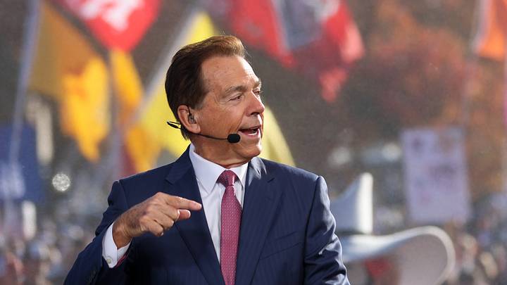 ESPN College GameDay analyst Nick Saban speaks during the live broadcast on the Texas Tech University campus on Nov. 8, 2025 in Lubbock, Texas. ESPN College GameDay analyst Nick Saban speaks during the live broadcast on the Texas Tech University campus on Nov. 8, 2025 in Lubbock, Texas.